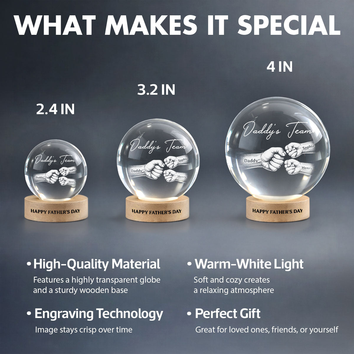 Daddy's Team Fist Bump - Personalized Crystal Ball LED Night Light - Gift For Dad, Husband