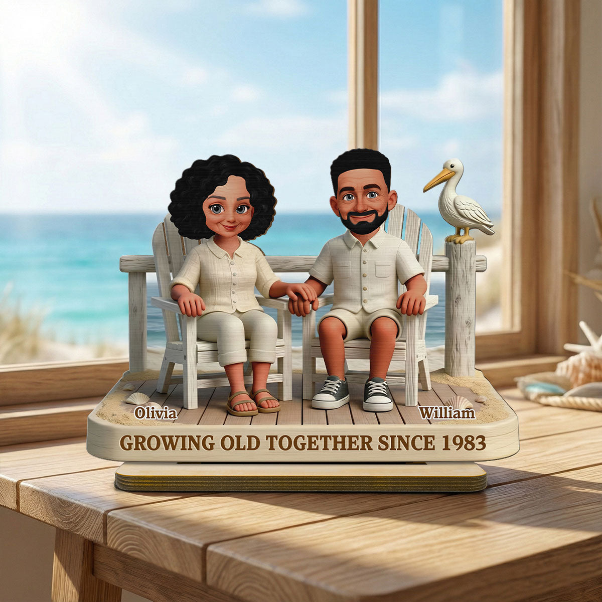 Eternal Love Couple On The Beach Growing Old Together - Personalized 2-Layer Wooden Plaque - Gift For Couple, Gift For Him, For Her