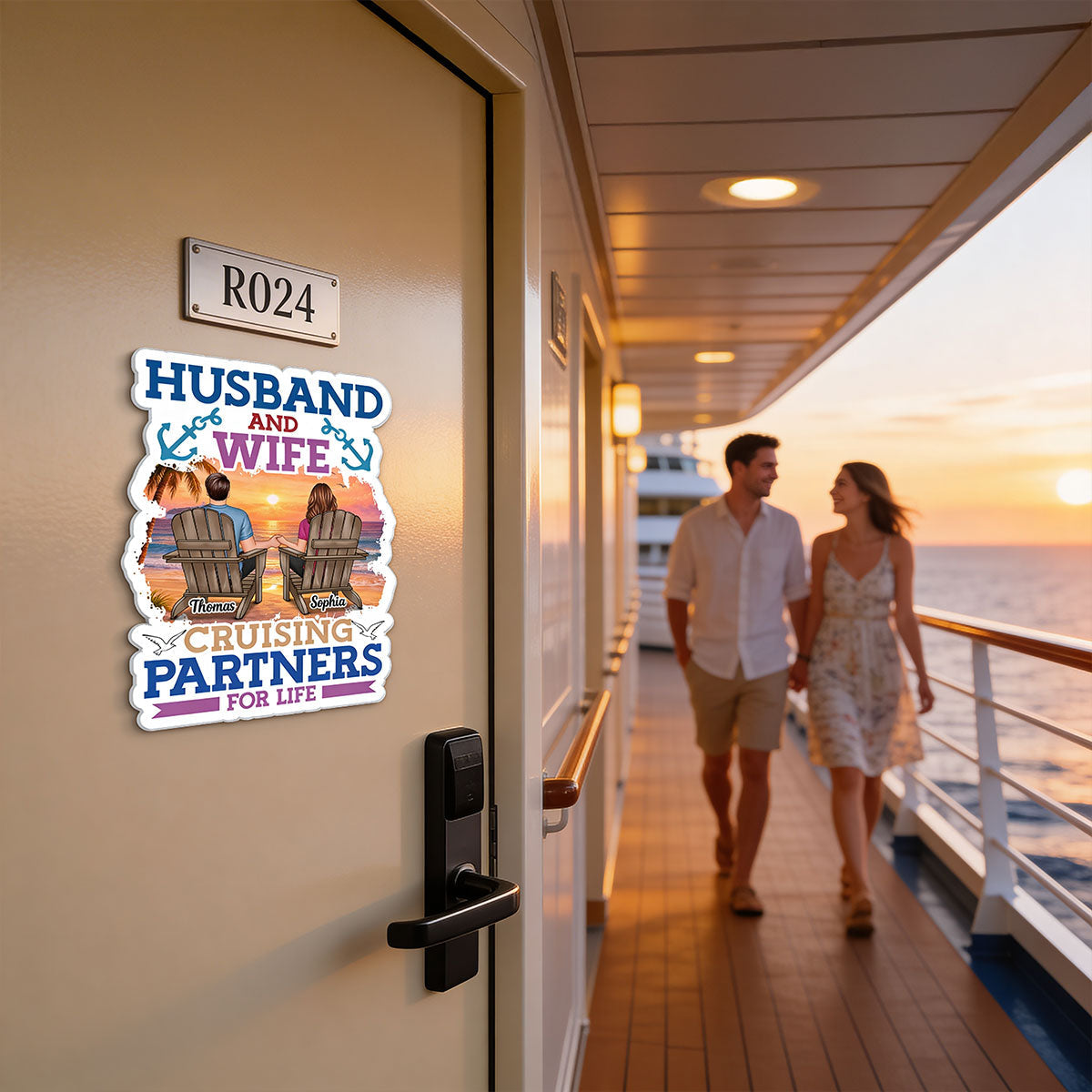 Husband & Wife Cruising Partners For Life Porthole Couple Back View - Personalized Cruise Ship Door Magnet