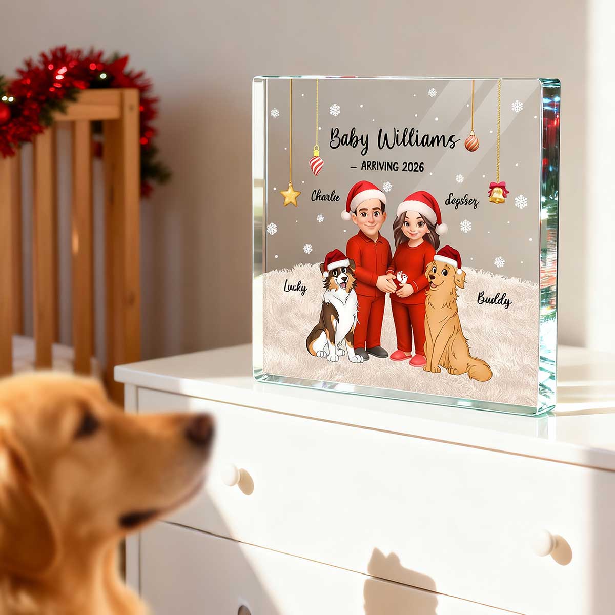 Expecting Parents Christmas Pregnancy Baby Arriving With Dogs Cats - Personalized Square Acrylic Block Plaque