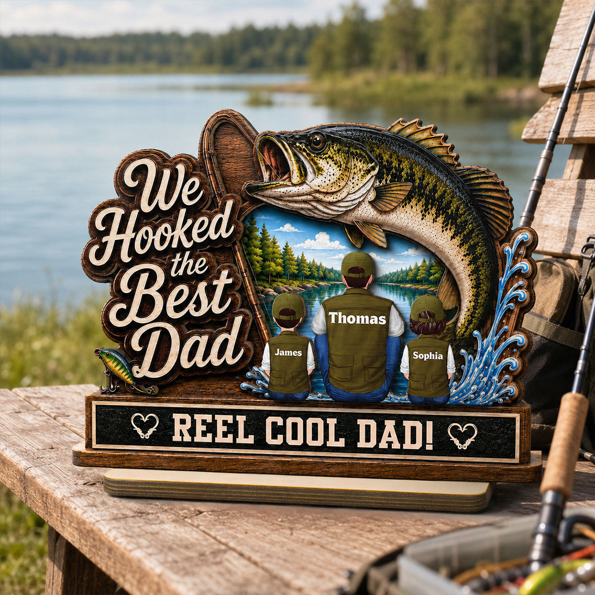 We Hooked The Best Dad Grandpa Back View 2D Flat - Personalized 2-Layered Wooden Plaque - Gift For Fishing Lovers