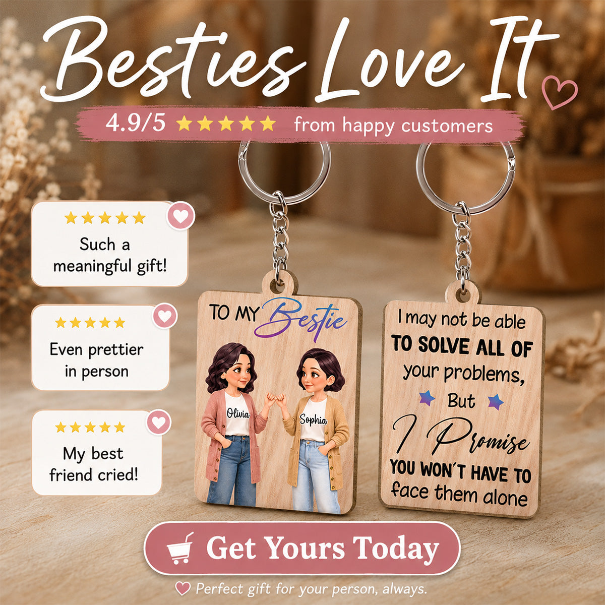 To My Bestie Pinky Promise Besties - Personalized Wooden Keychain - Friendship Gift, Birthday Gift For Best Friends