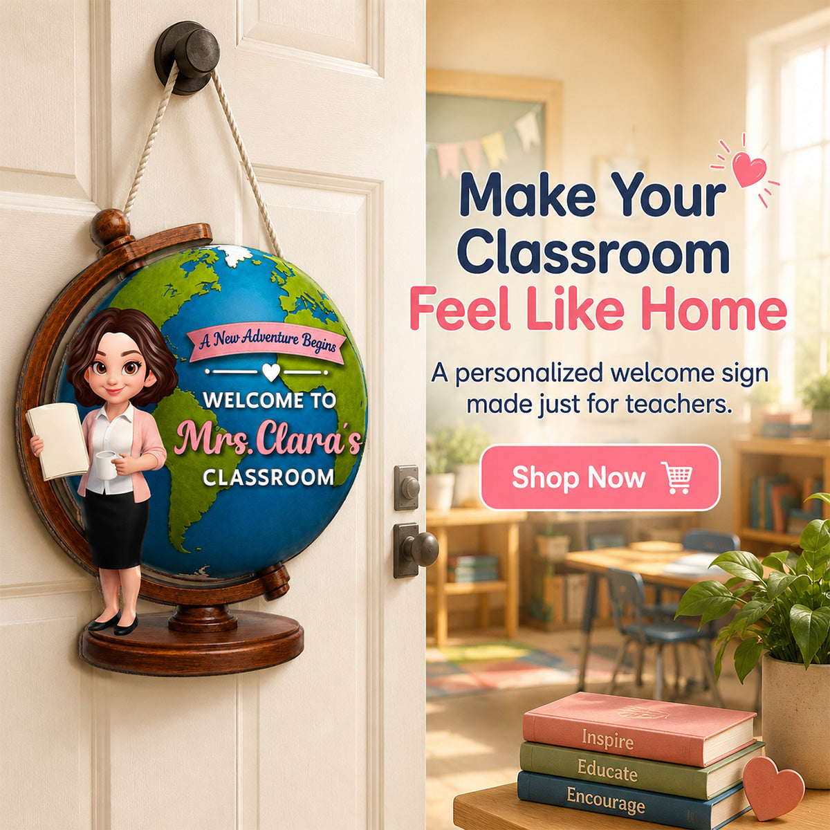 Globe Teacher Welcome - Personalized Door Hanger - Back To School Decoration