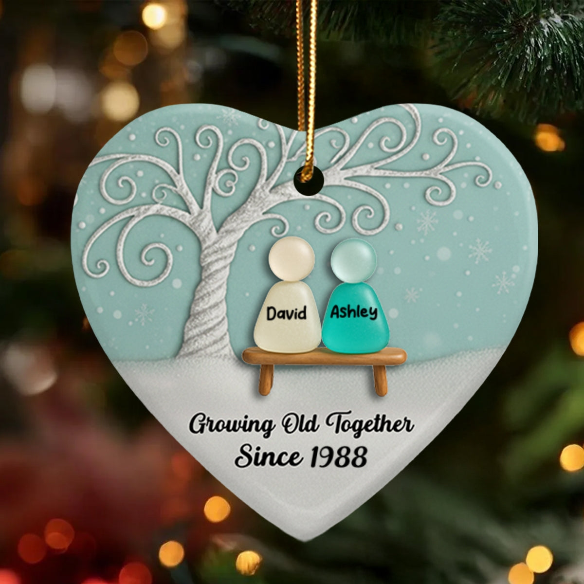 Growing Old Together Sea Glass Couple - Personalized Ceramic Ornament With Acrylic - Unique Gift for Couple, for Wife, for Husband