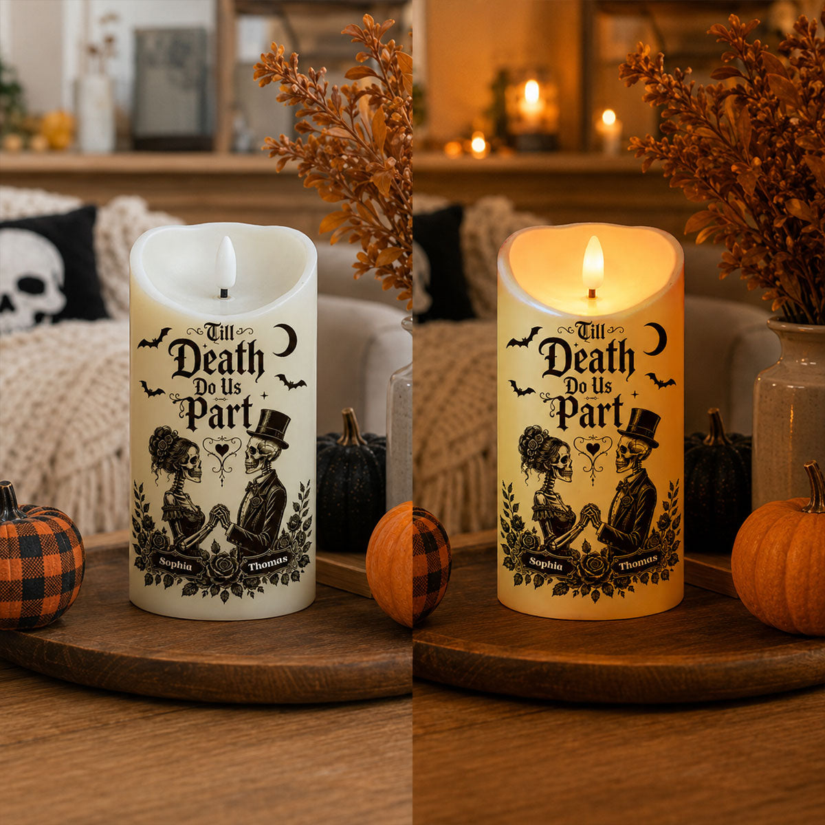 Till Death Do Us Part Skeleton Couple - Personalized LED Candle - Halloween Decor For Couple