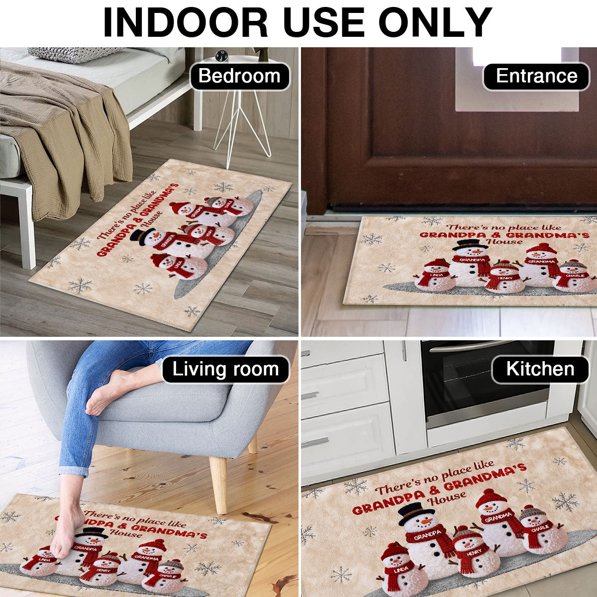3D Effect Fleece Texture Christmas Grandma Grandkids Snowman Together - Personalized Doormat