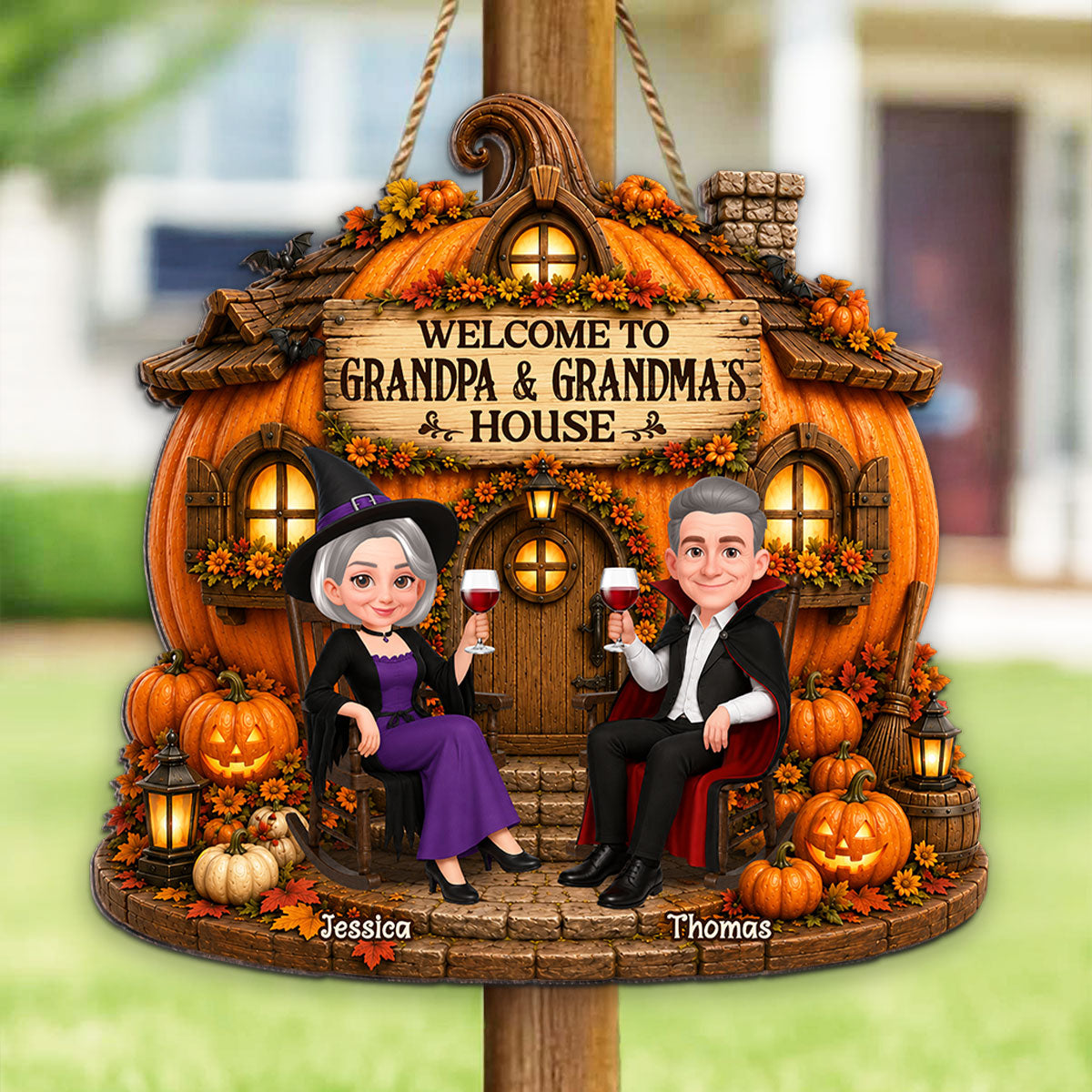 Whimsical Halloween Pumpkin Welcome To Grandma Grandpa House - Personalized Wood Sign - Halloween Decoration For Grandparents