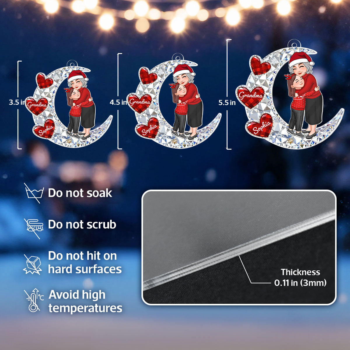 3D Crystal Effect Grandma Grandkid Hugging on Moon - Personalized Acrylic Ornament - Christmas Gift for Grandma, Grandkids