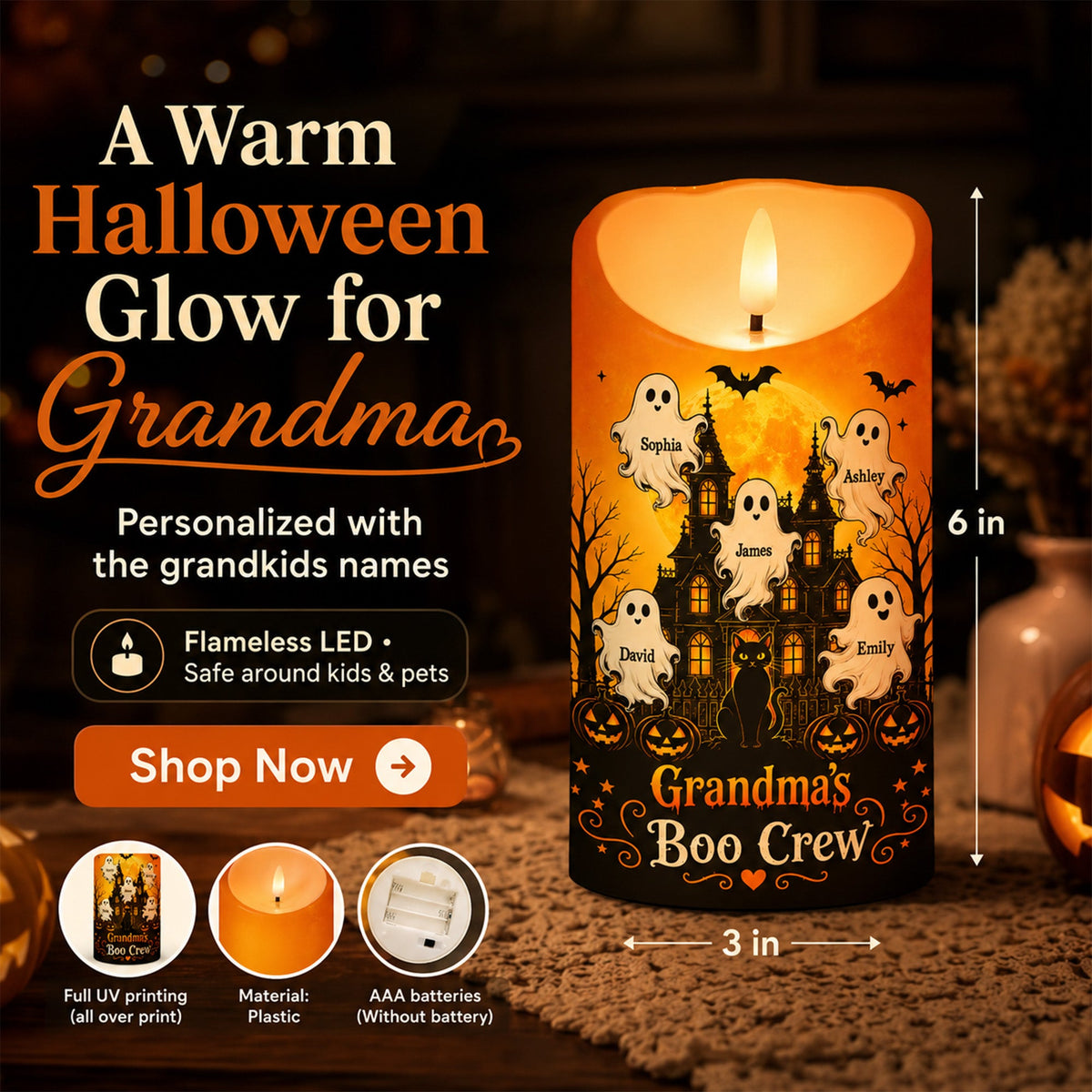 Grandma's Little Boo Crew Haunted House - Personalized LED Candle - Halloween Decor For Grandma