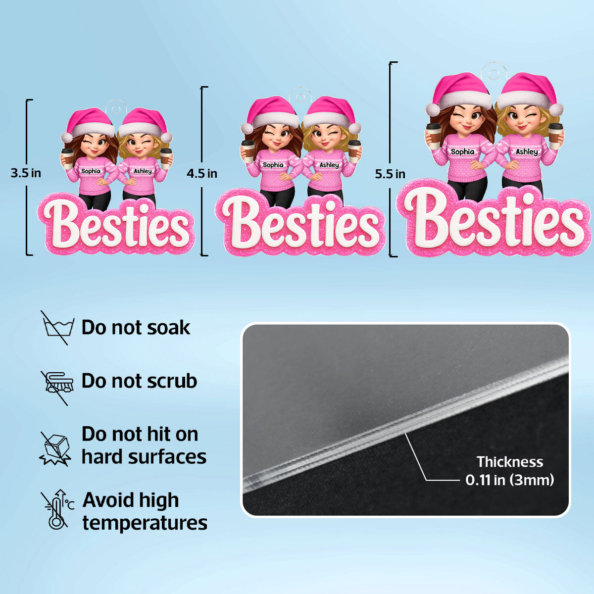 Pink Besties Sisters 3D Glitter Effect - Personalized Acrylic Ornament - Christmas Gift for Best Friends, for Sisters