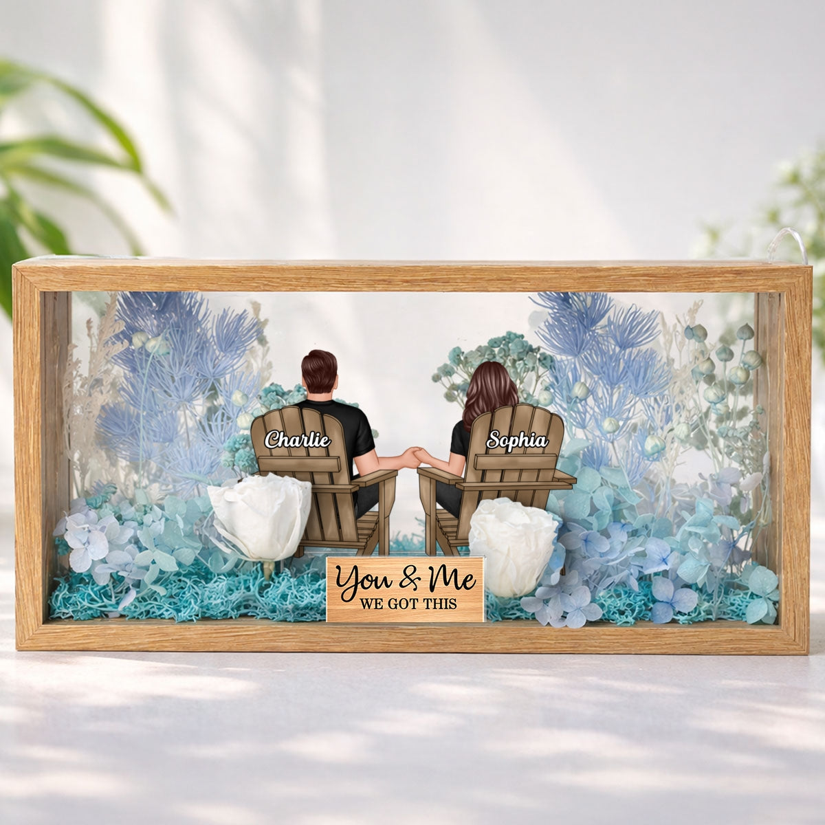 Eternal Love Back View Couple Sitting - Personalized DIY Flower Shadow Box LED Night Light - Gift For Couple, For Him, For Her