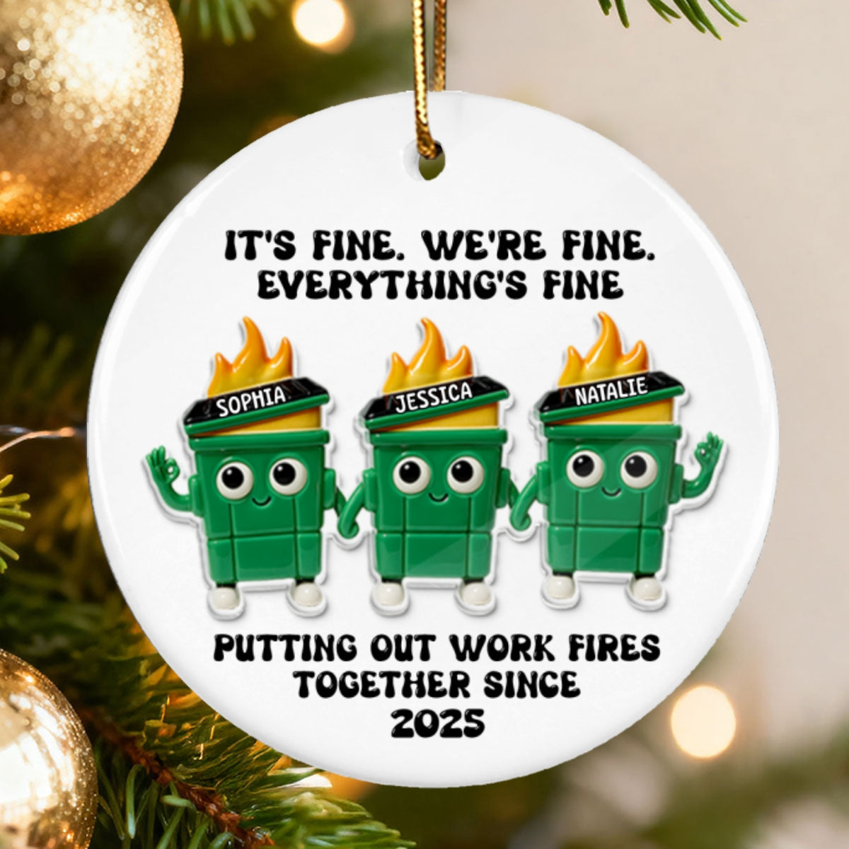Putting Out Work Fires Together Work Bestie Dumpster Fires - Personalized Ceramic Ornament With Acrylic Pieces - Funny Gift For Colleagues