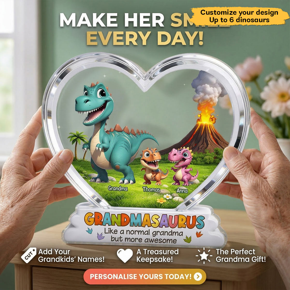 Grandmasaurus And Kids Cartoon Dinosaurs - Personalized Acrylic Block Plaque - Mother's Day Gift For Grandma
