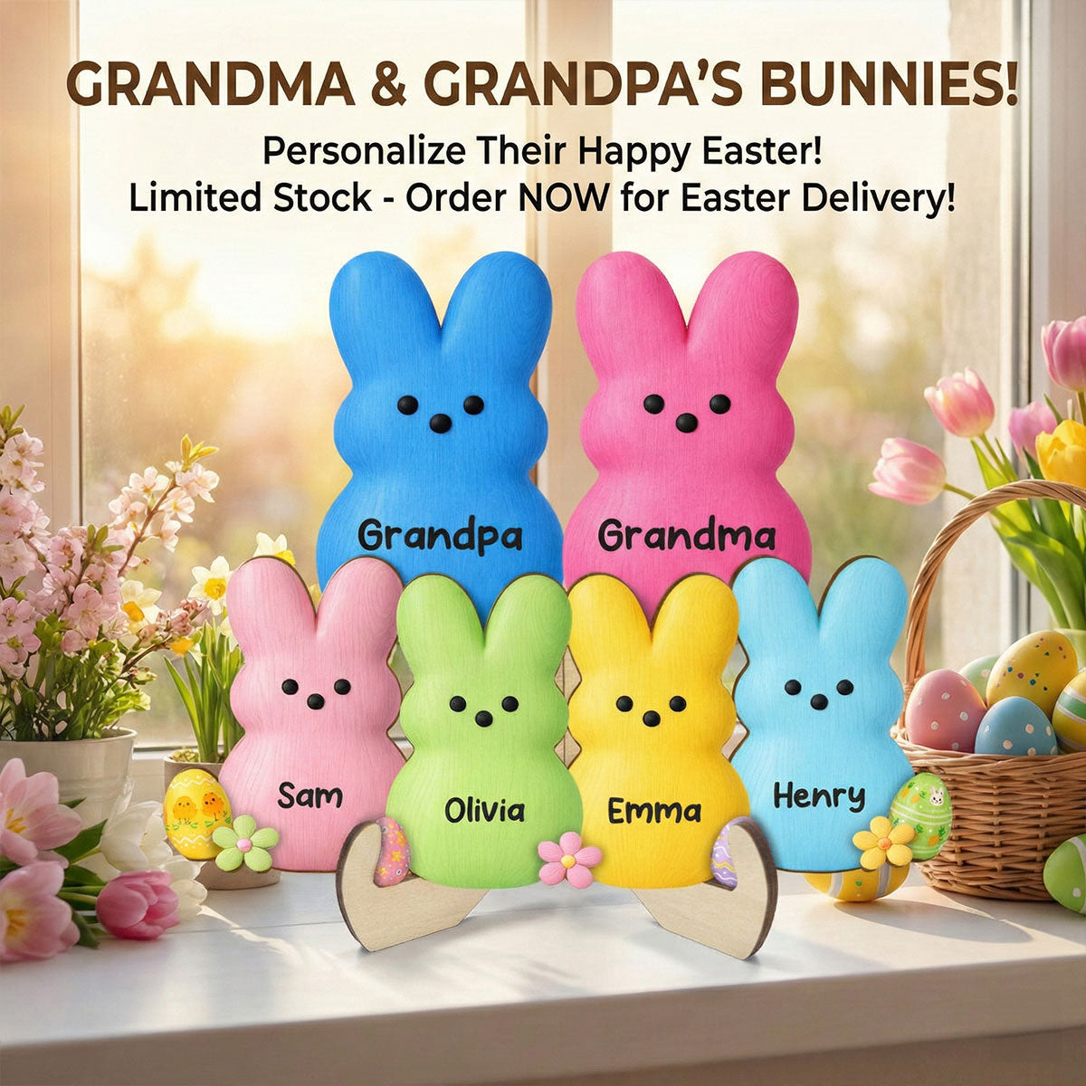 Grandma & Grandpa Little Bunnies Happy Easter - Personalized 2-Layered Wooden Plaque - Gift For Grandparents, Easter Decoration