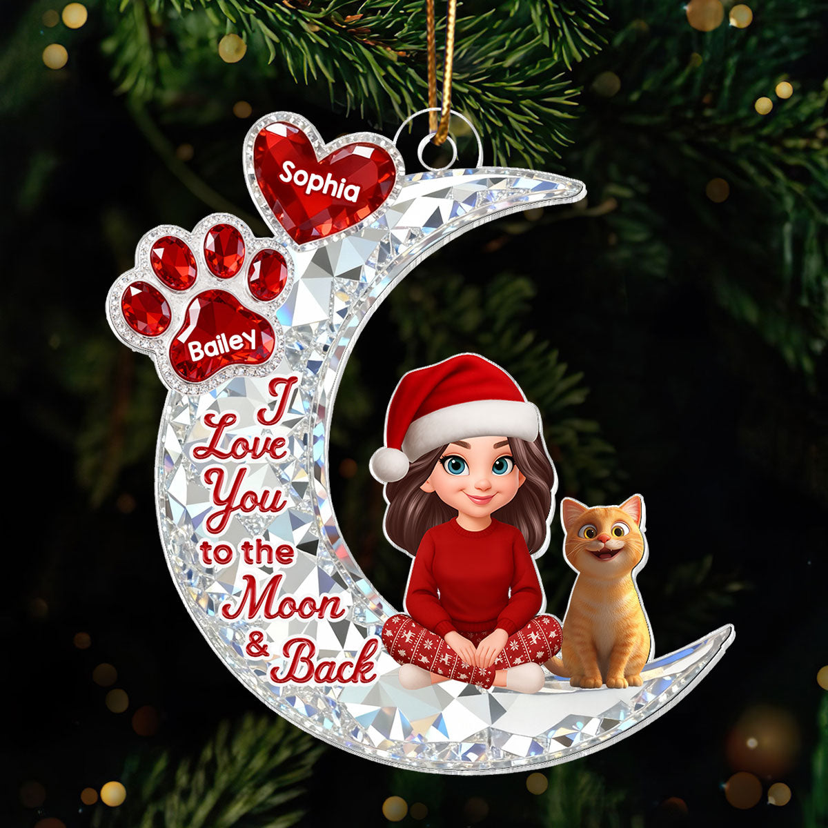 3D Effect Flat Woman And Dog Cat On Moon - Personalized Acrylic Ornament - Christmas Gift For Dog, Cat Lovers