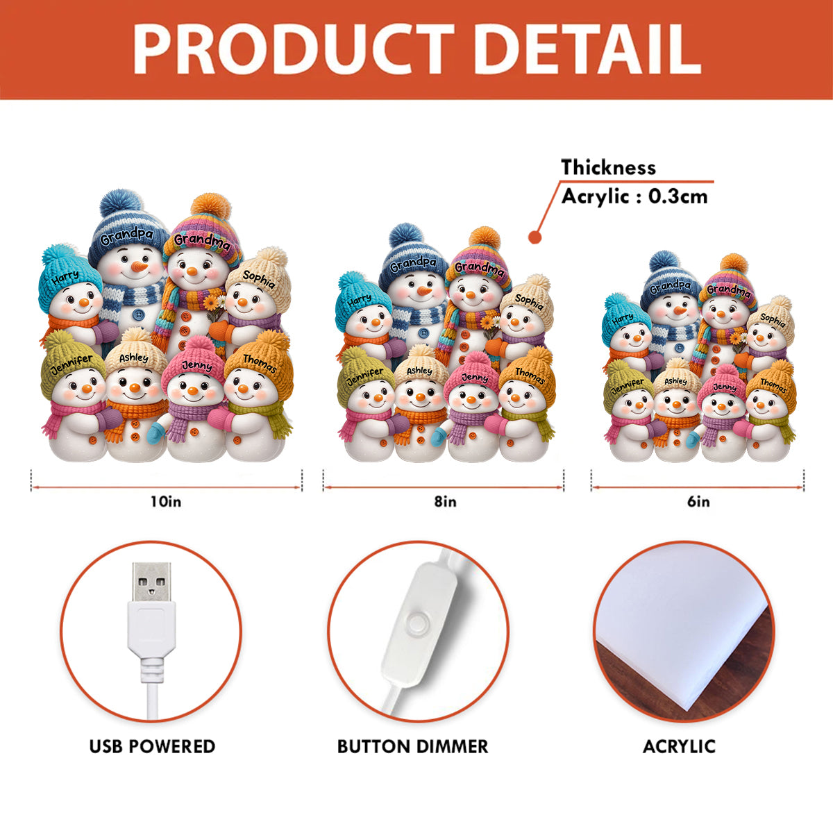3D Effect Snowman Grandma, Grandpa, Grandparents and Grandkids Personalized Light Box - Christmas Gift for Family, Grandma, Grandpa