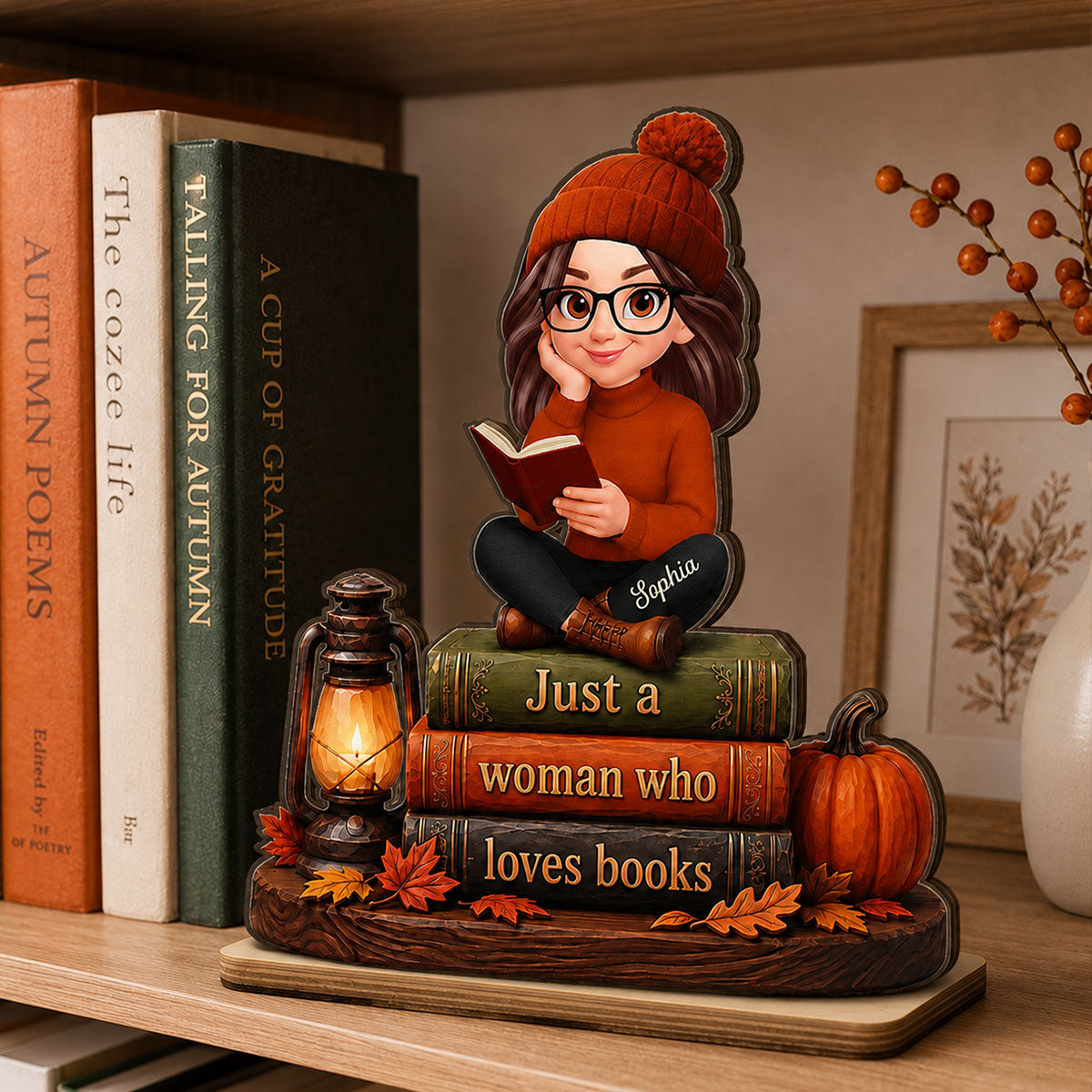 Fall Season Just A Woman Who Loves Books - Personalized 2-Layered Wooden Plaque - Fall Gift For Book Lovers