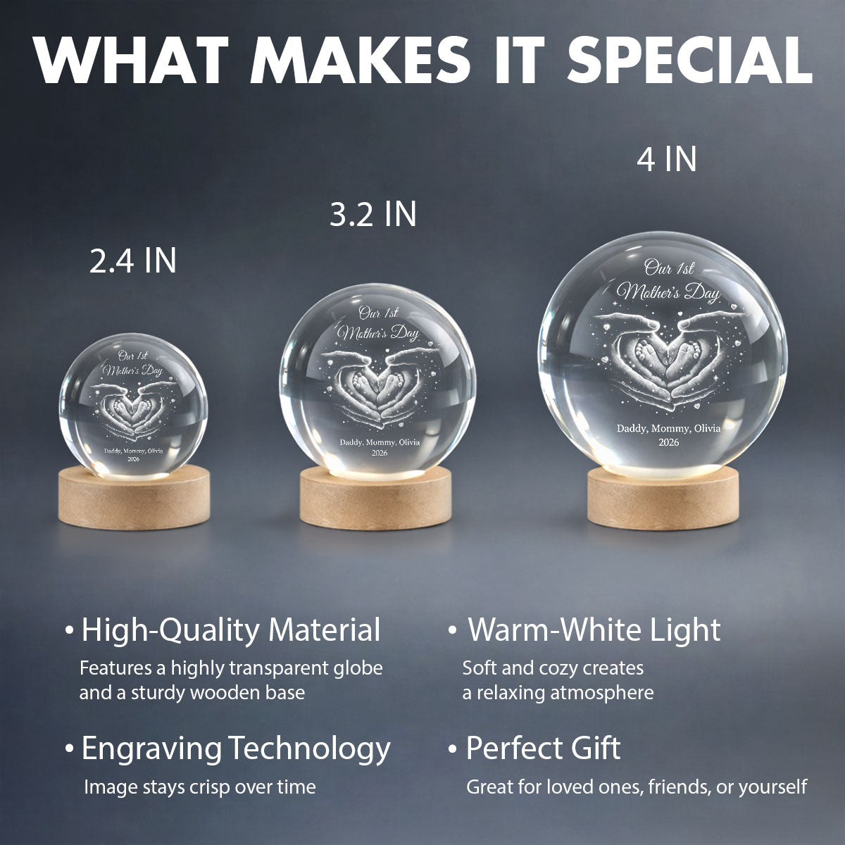 Our Family Heart Handprint - Personalized Crystal Ball LED Night Light - Sentimental Gift for Mom, Dad