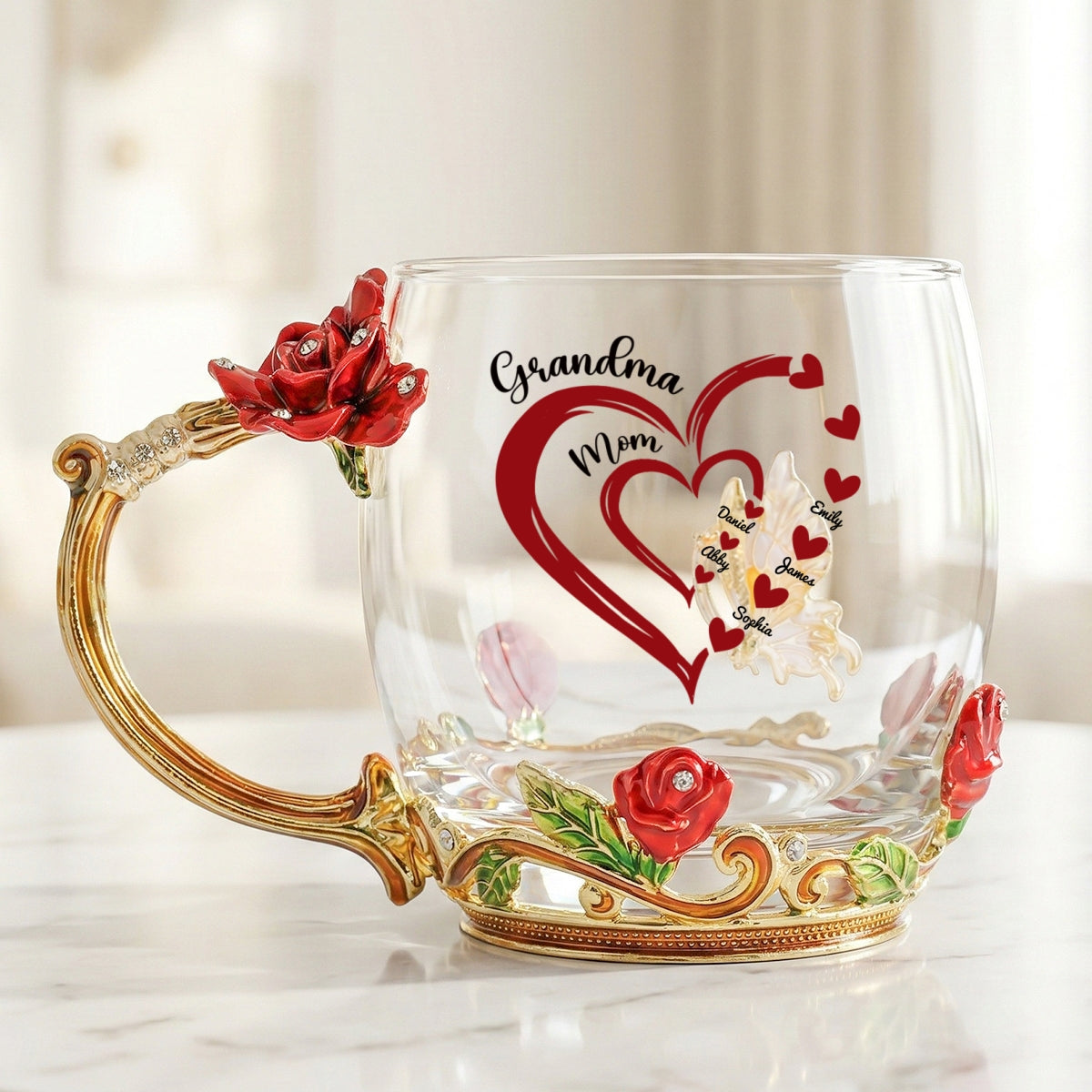 Grandma Mom Heart Custom Kids Names - Personalized Enamel Flower Tea Cup - Gift For Grandma, Mom