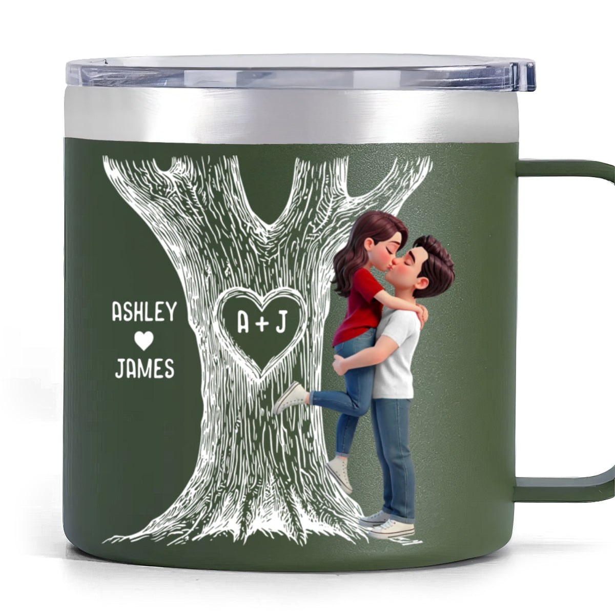 Eternal Love Couple Hugging Kissing Heart Carved Tree Of Love Initials - Personalized Tumbler With Handle - Heartfelt Valentine, Anniversary Gift For Him, For Her