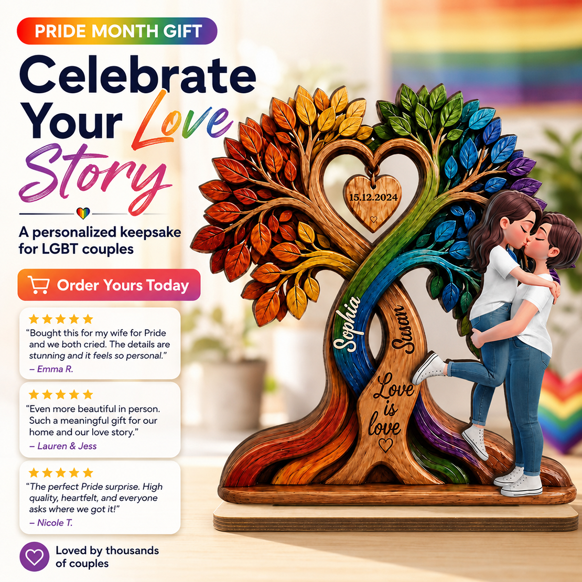 LGBT Couple Kissing Under Tree - Personalized 2-Layered Wooden Plaque - Heartfelt Gift for Her, Gift for Him