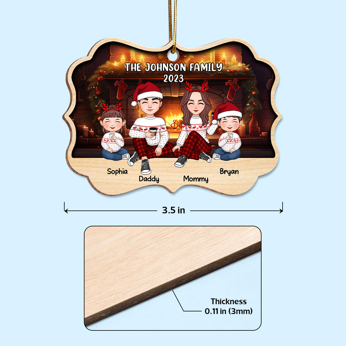 Family Sitting In Front Of Fireplace Personalized Wooden Ornament