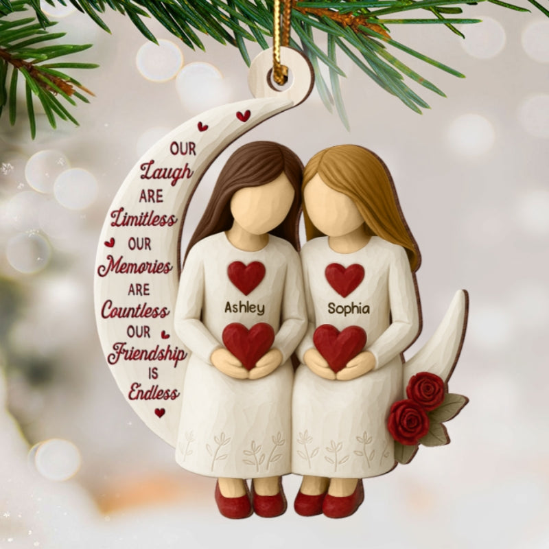 3D Effect Roses Besties On Moon - Personalized Wooden Ornament - Christmas Gift For Best Friends