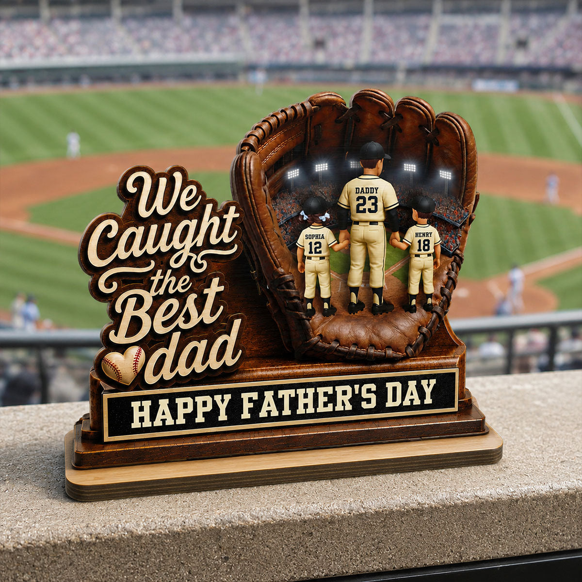 We Caught The Best Dad Dad & Kids In Glove - Personalized 2-Layered Wooden Plaque - Happy For Baseball Dad