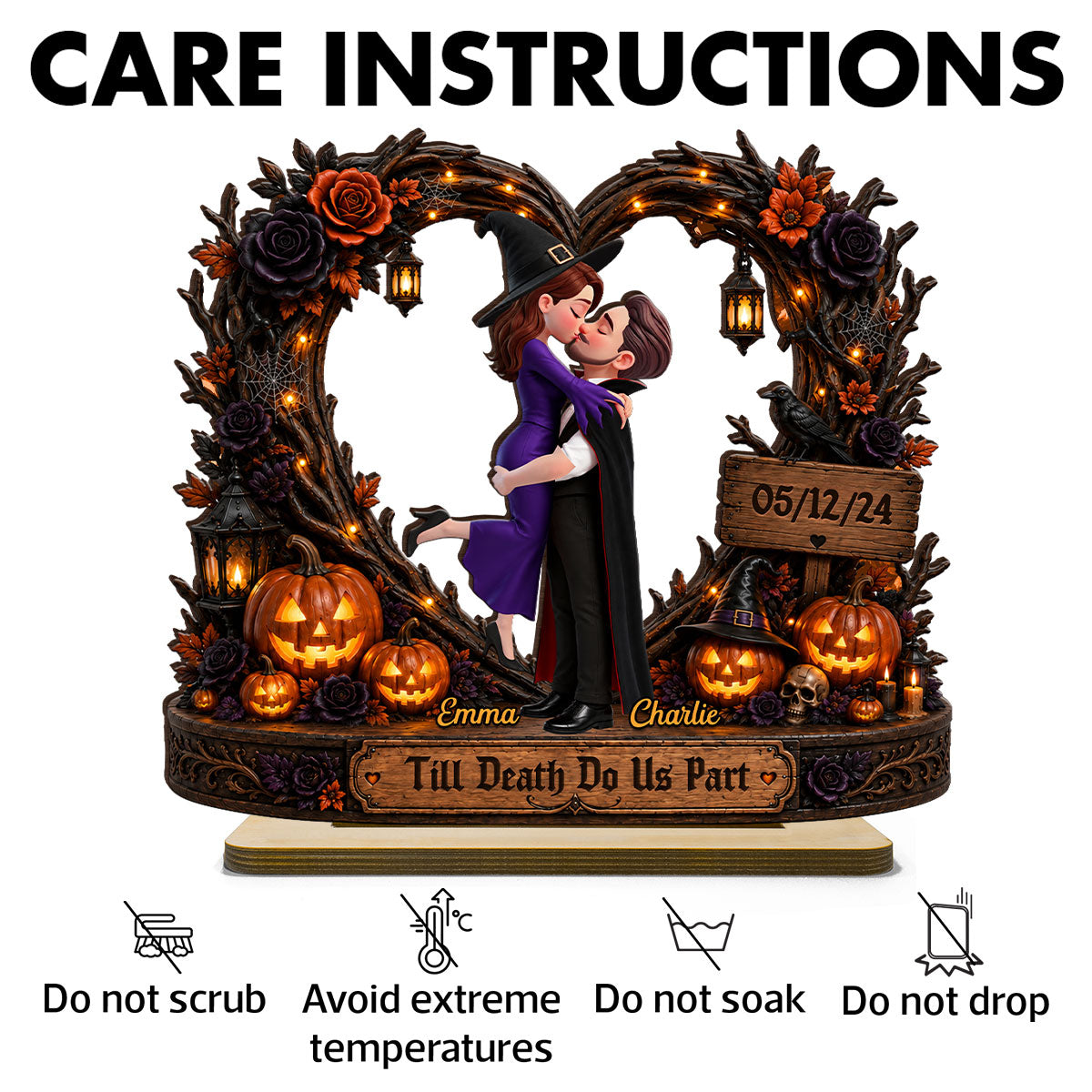 Spooky Couple Heart Till Death Do Us Part - Personalized 2-Layered Wooden Plaque - Halloween Decor Gift, Gift For Couple