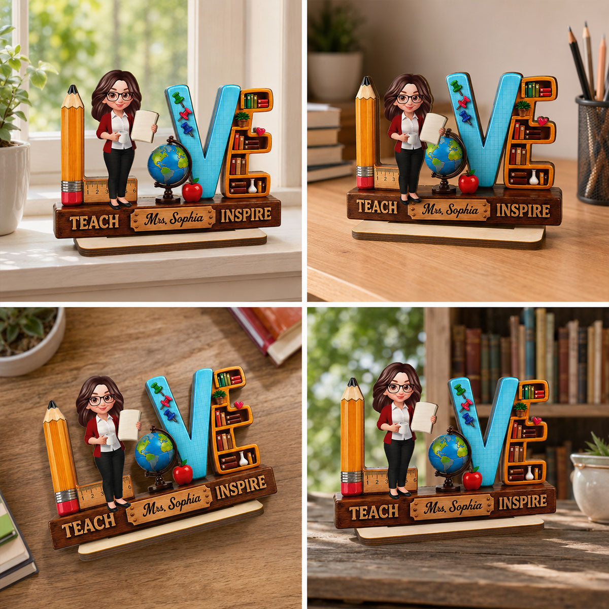 Teach Love Inspired Teacher 2D Flat - Personalized Wooden Desk Plaque