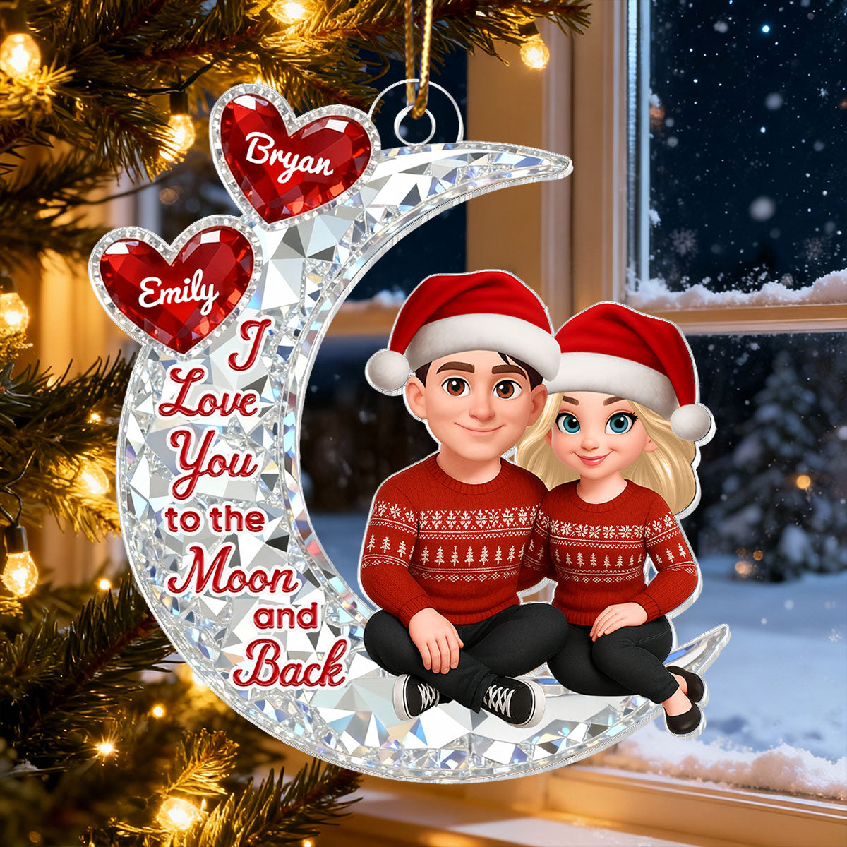 3D Effect Flat Couple Sitting On Moon - Personalized Acrylic Ornament - Heartfelt Gift For Couple, Gift For Him, For Her