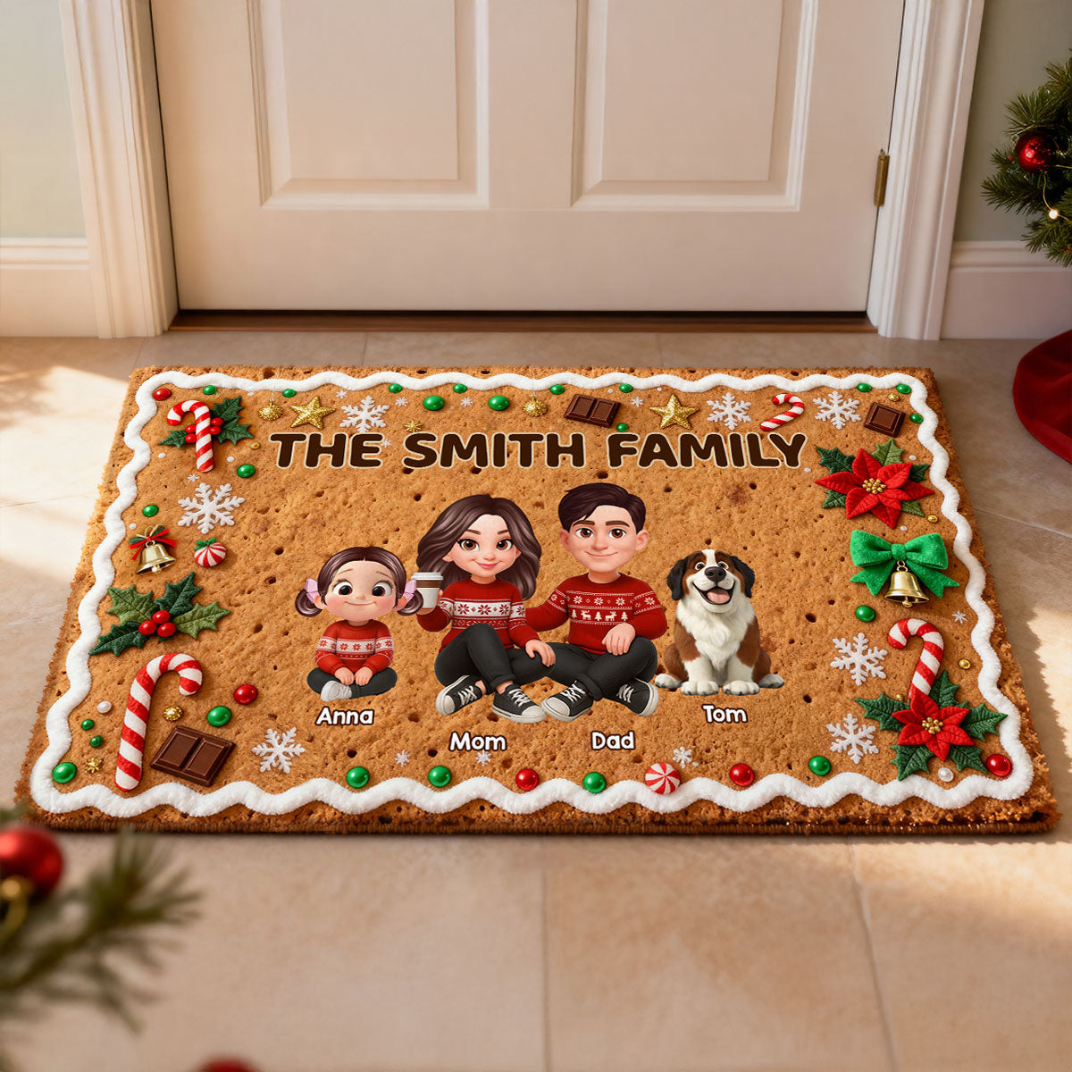3D Effect Gingerbread Family Together Christmas - Personalized Doormat
