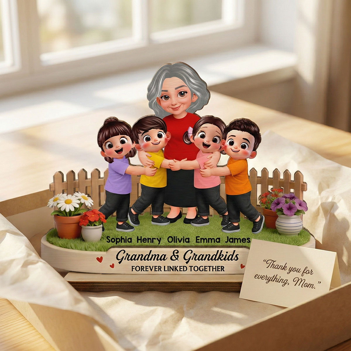Grandma And Grandkids Happy Together In Backyard - Personalized 2-Layered Wooden Plaque - Gift For Grandma