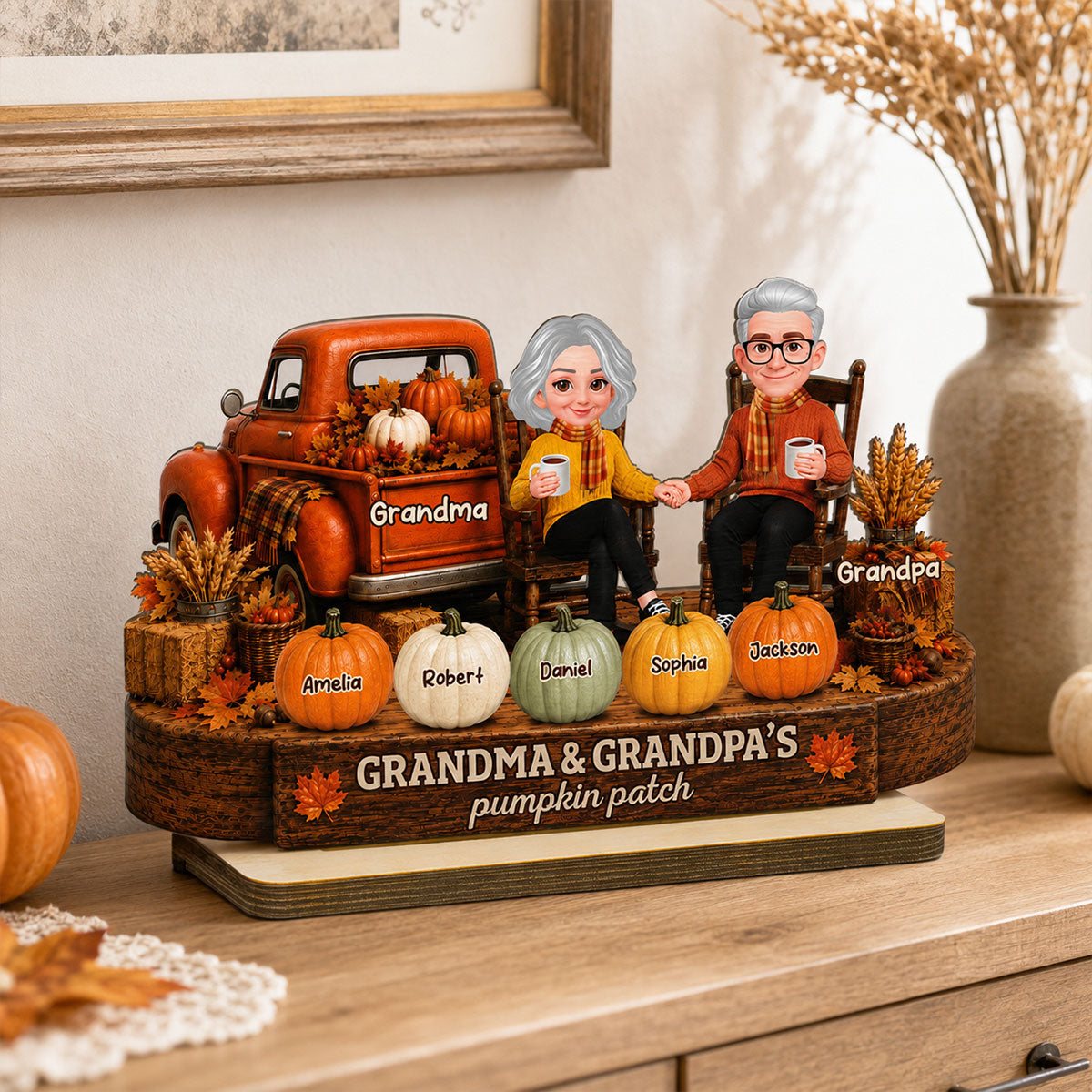Fall Season Pumpkin Truck Grandma Grandpa Pumpkin Patch - Personalized 2-Layered Wooden Plaque - Fall Decor For Grandparents