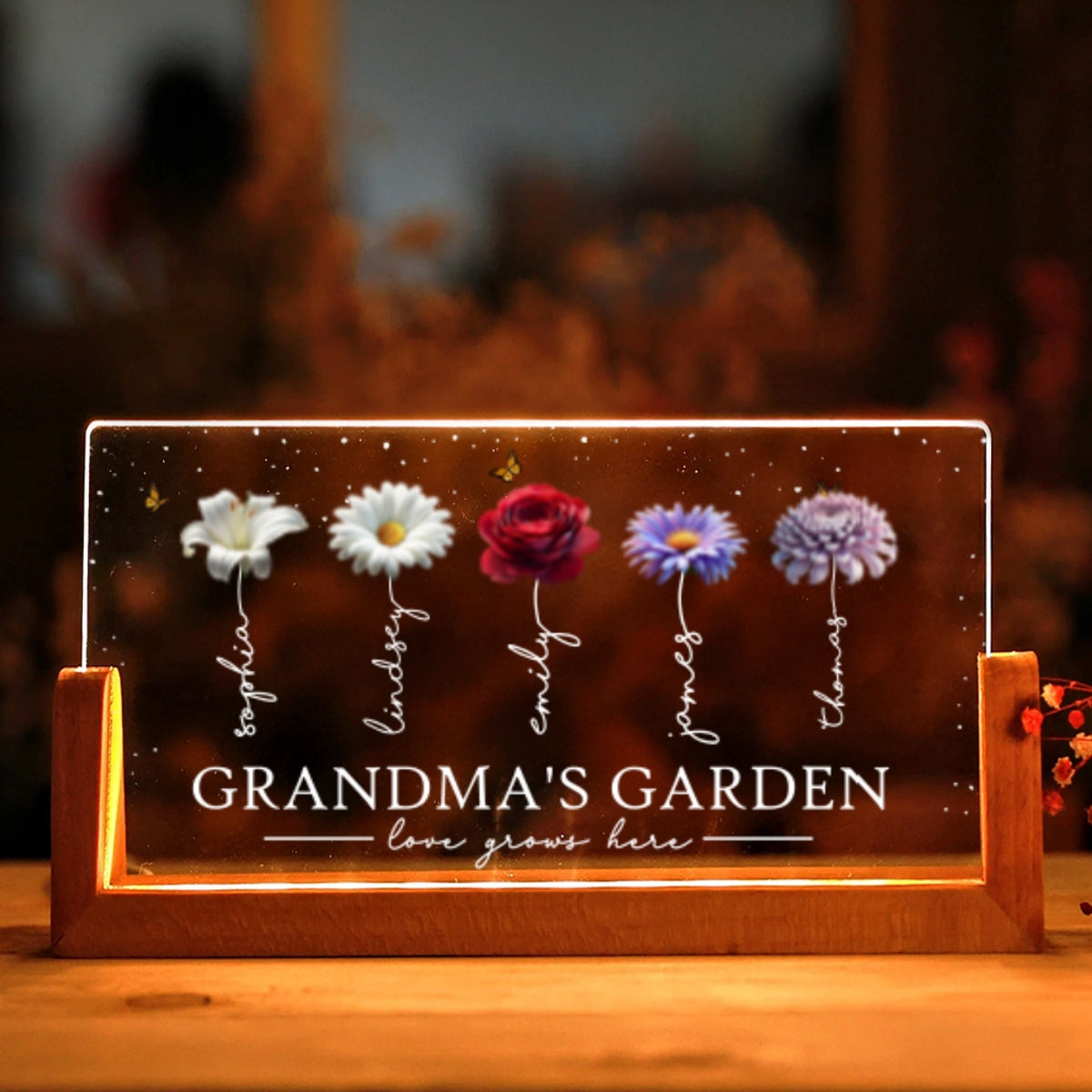 Grandma's Garden Beautiful 3D Effect Birth Flowers - Personalized Acrylic Plaque LED Night Light - Gift For Grandma
