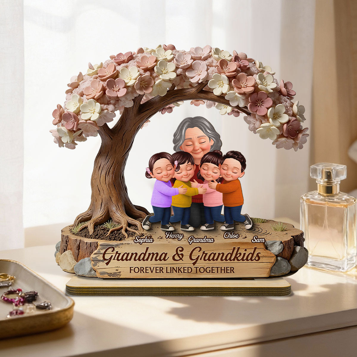 Grandma And Grandkids Under Blossom Tree - Personalized 2-Layered Wooden Plaque - Gift For Mom