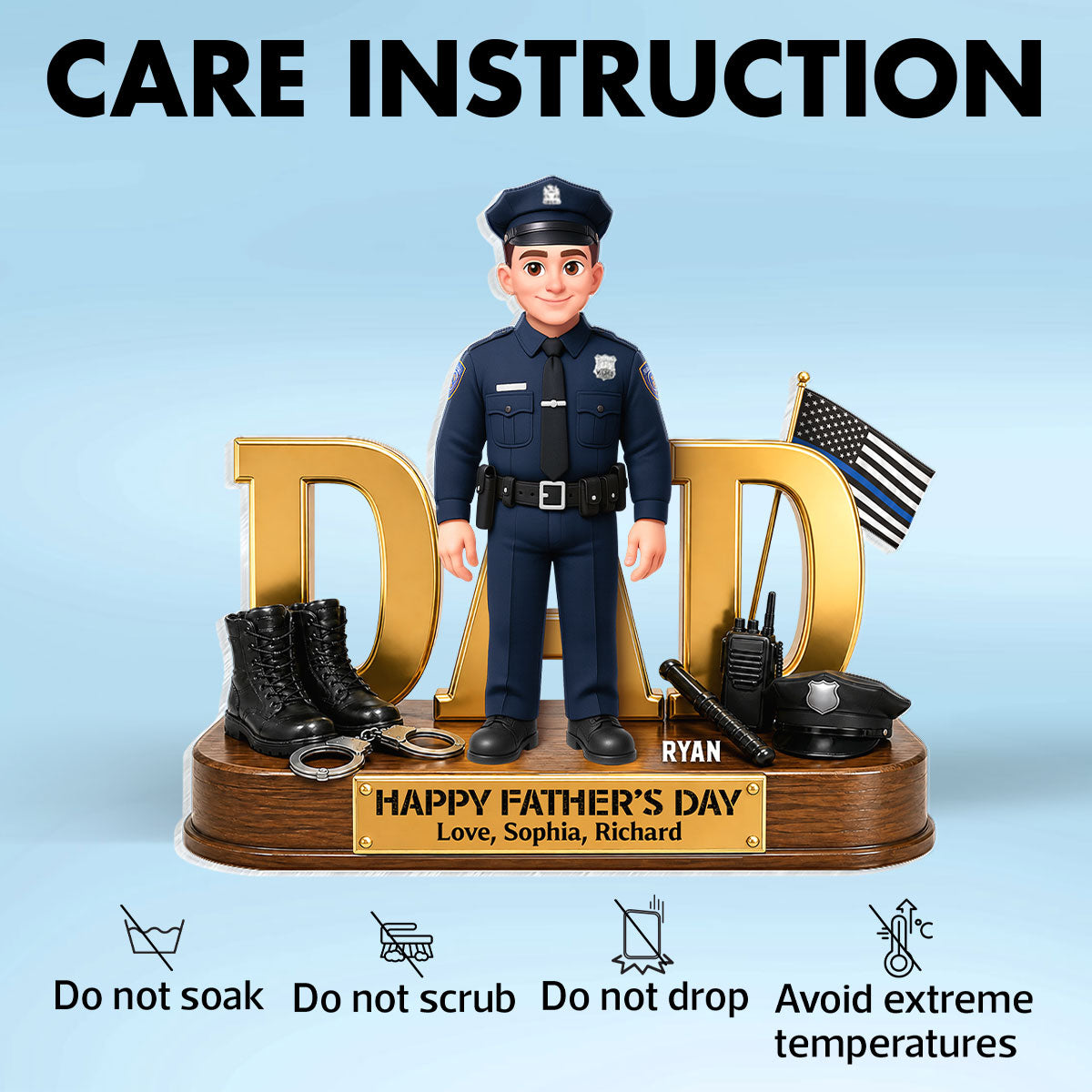 Proud American Police Dad You Are Our Hero Thin Blue Line 2D Flat - Personalized Acrylic Block Plaque - Gift For Dad