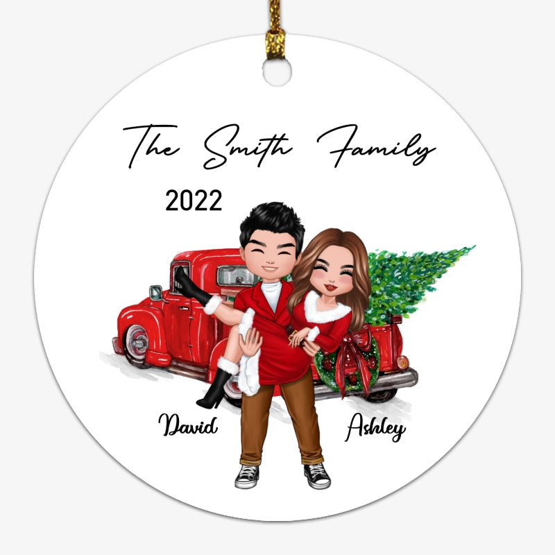 Christmas Truck Man Holding Woman Doll Couple Personalized Circle Ornament
