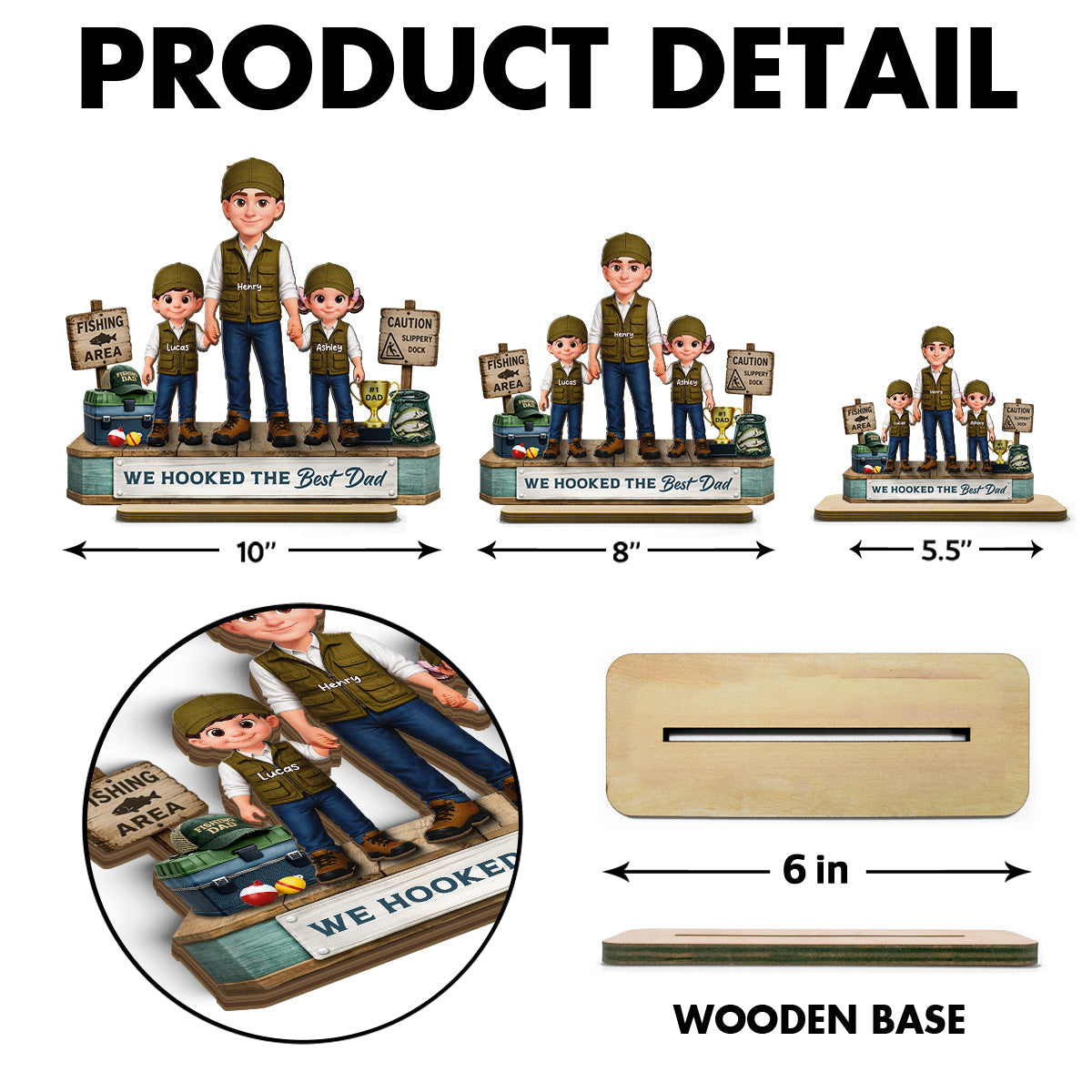 Fishing Dad And Kids We Hooked The Best Dad - Personalized 2-Layered Wooden Plaque - Heartfelt Gift For Dad, Gift For Husband