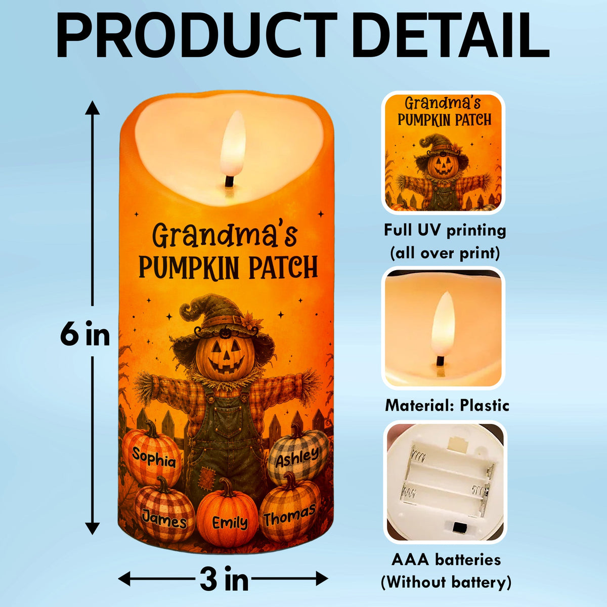 Grandma's Pumpkin Patch Scarecrow - Personalized LED Candle - Fall Season, Halloween Decor For Grandma