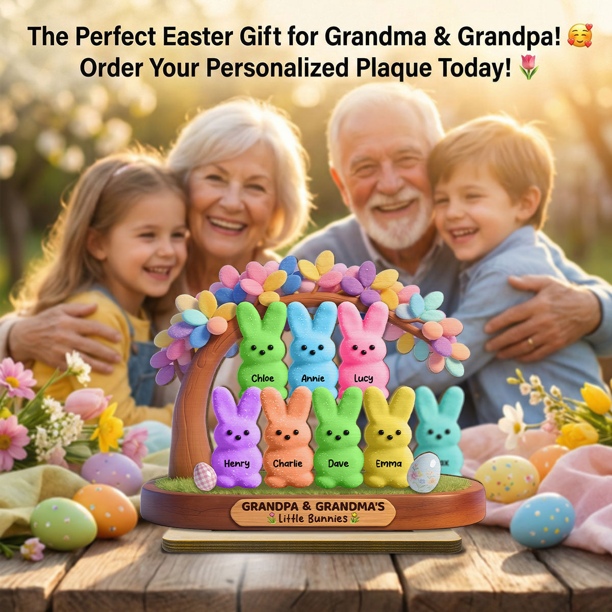 Colorful Happy Easter Grandma Little Bunnies - Personalized 2-Layered Wooden Plaque - Gift For Grandma
