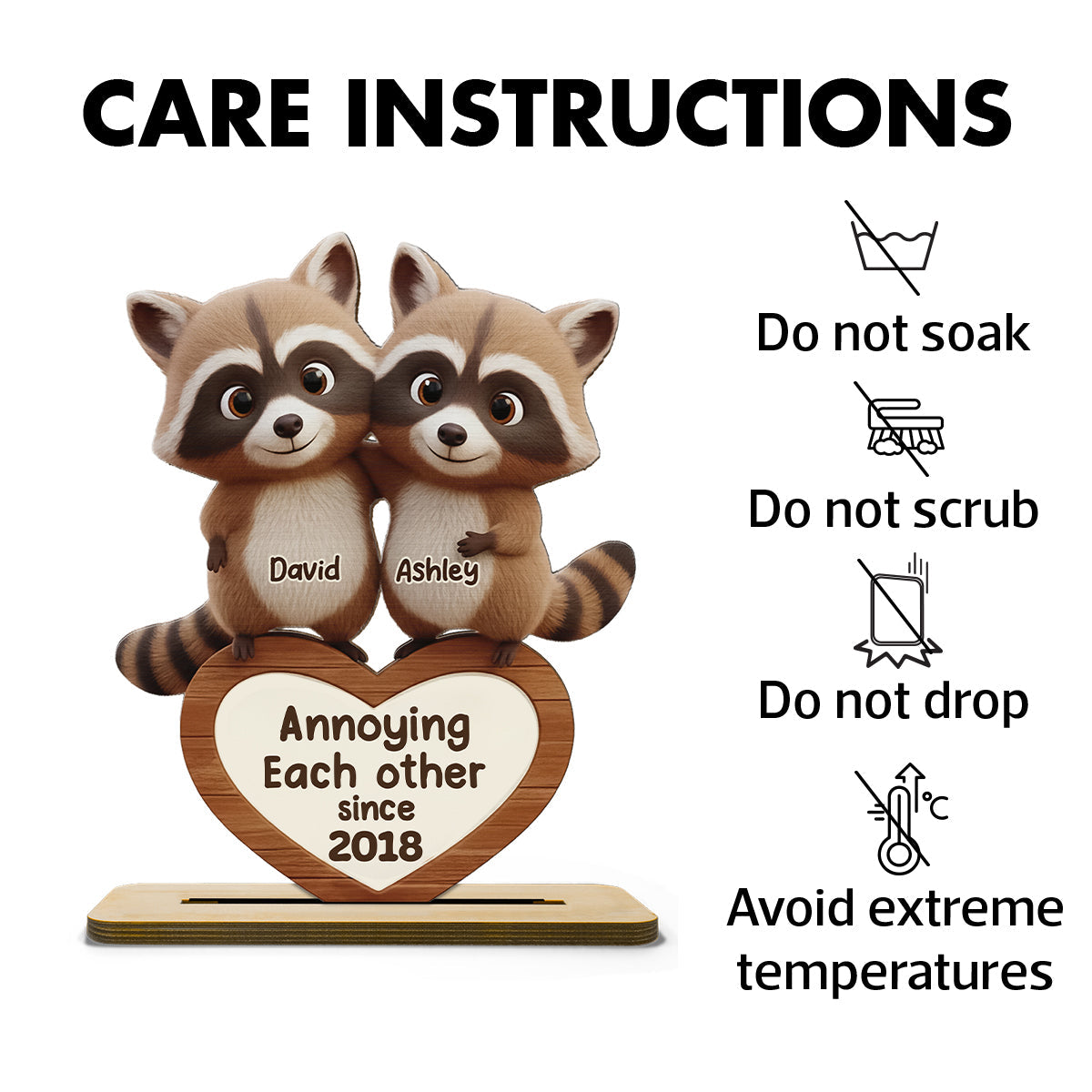 Raccoon Couple Annoying Each Other - Personalized Standing Wooden Plaque - Gift for Couple, Gift for him, Gift for her