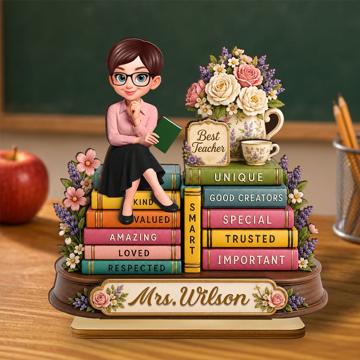 Floral Books Teacher - Personalized 2-Layered Wooden Plaque - Back To School Gift For Teachers Appreciation, Teacher Desk Name