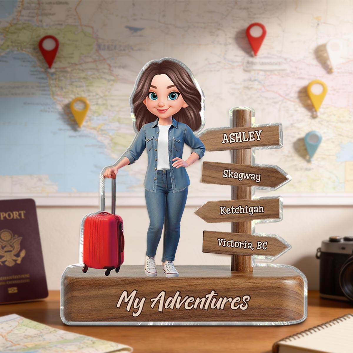 Man Woman Travel Adventures Traveling Destination 2D Flat - Personalized Acrylic Block Plaque - Gift for Travelers