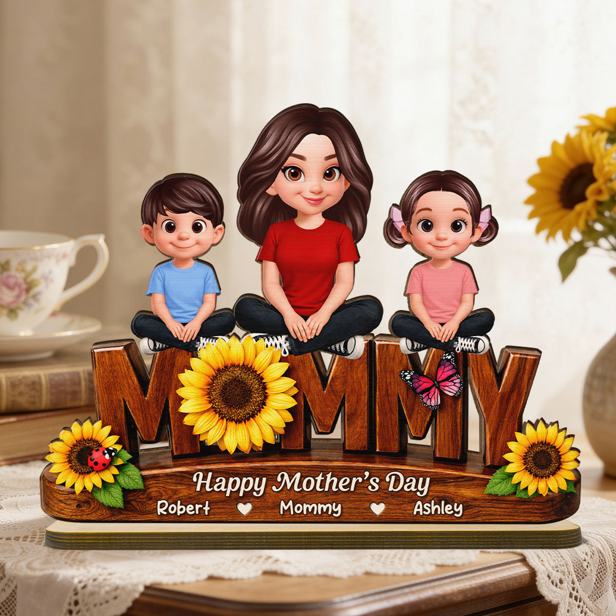 Sunflower Mom And Kids - Personalized 2-Layered Wooden Plaque - Mother's Day Gift For Mom, Wife