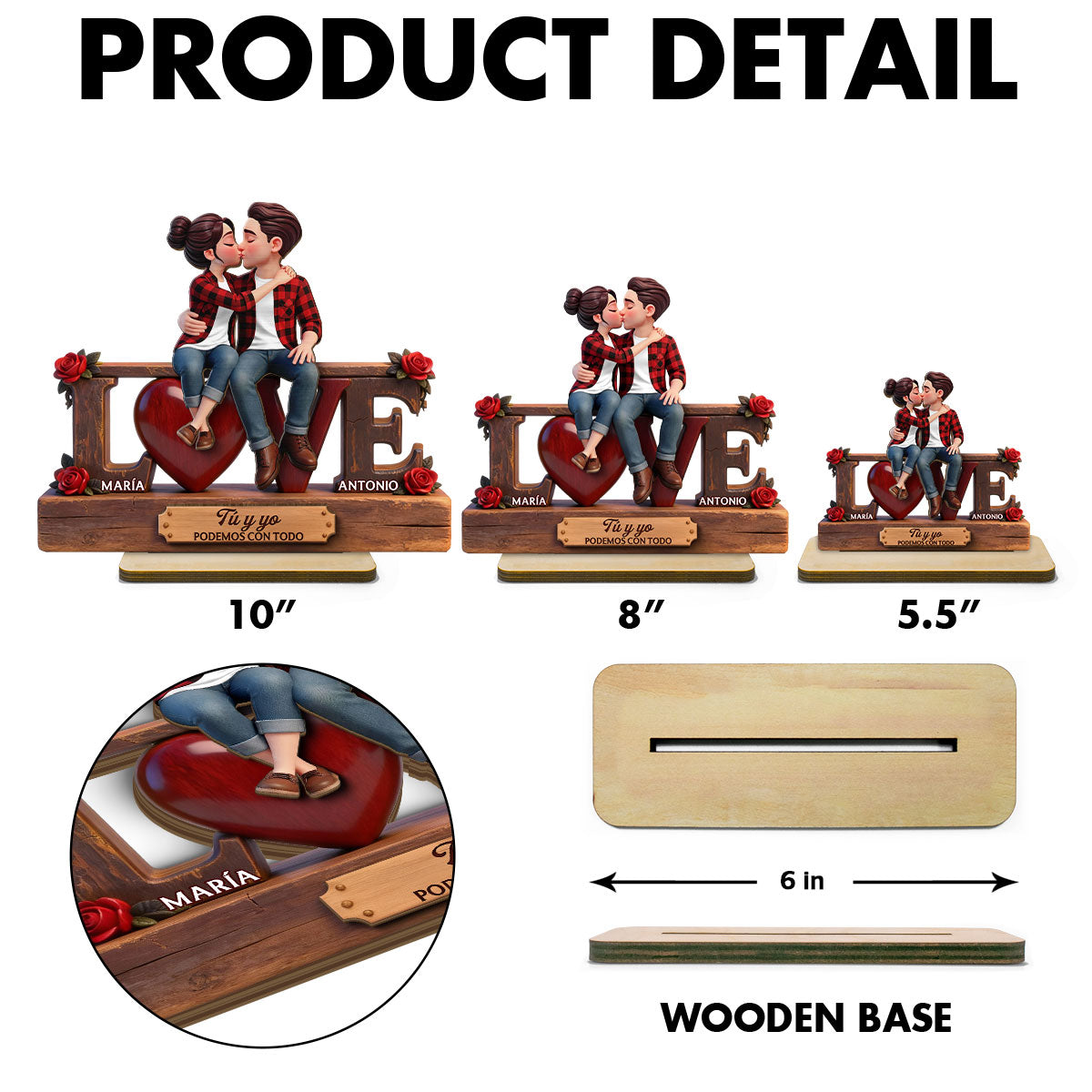 Roses LOVE Spanish Couple Sitting Kissing - Personalized 2-Layered Wooden Plaque - Heartfelt Gift For Couple
