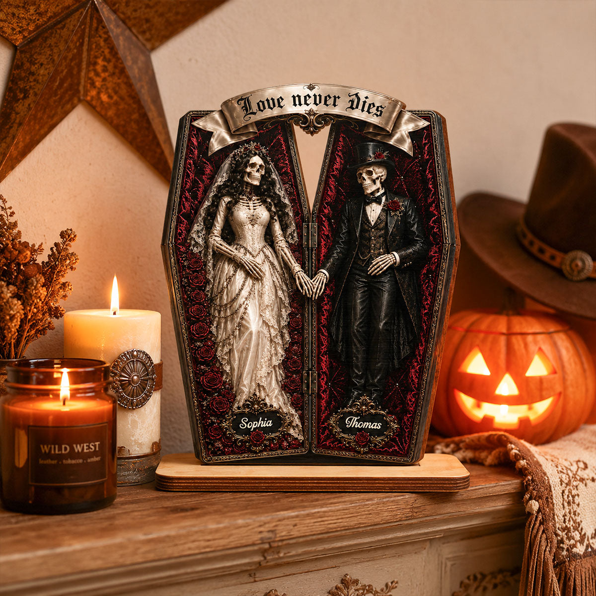Skeleton Couple In Coffin 2D Flat - Personalized Wooden Plaque - Halloween Decoration