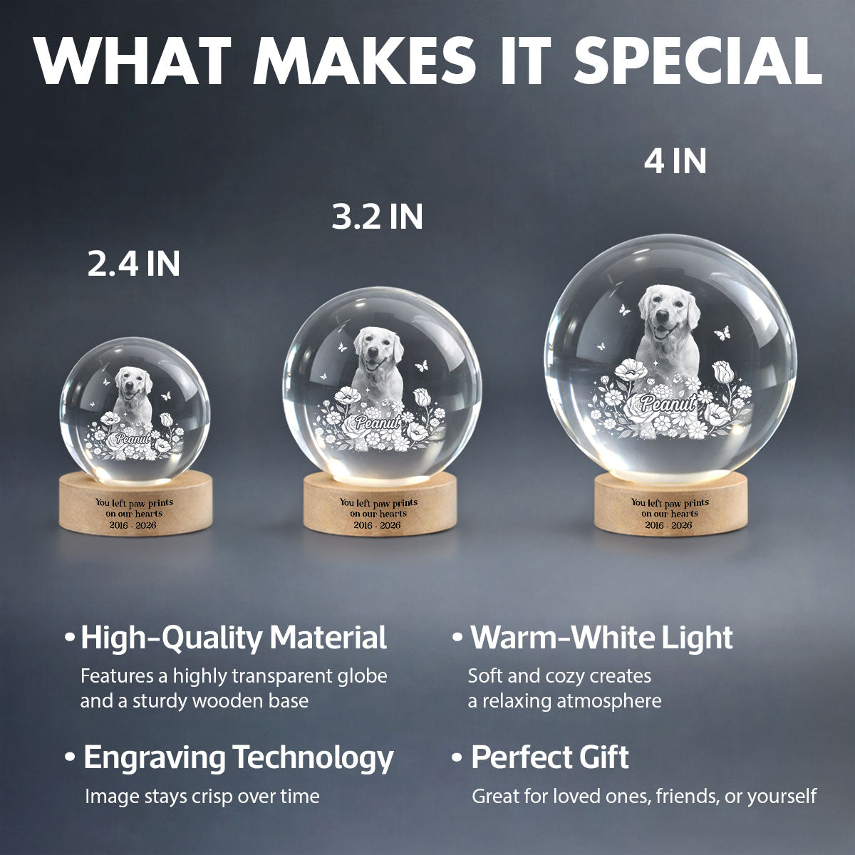 Custom Pet Portrait - Personalized Crystal Ball LED Night Light - Heartfelt Gift for Pet Lovers, Memorial Gift, Pet Remembrance
