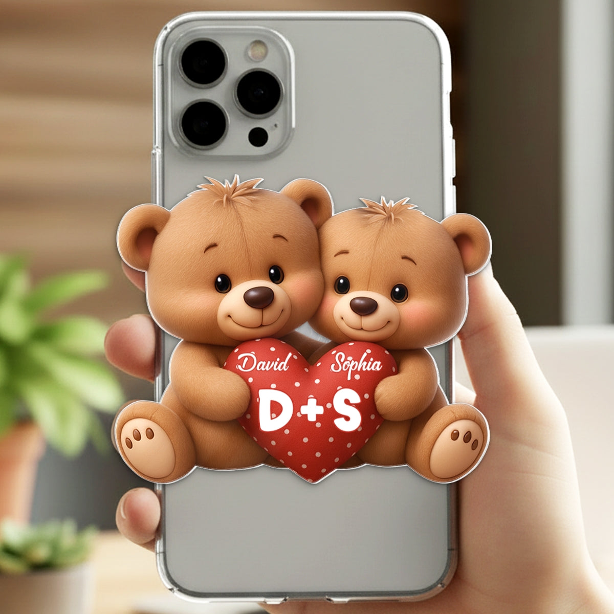 Bear Couple Holding Heart - Personalized Acrylic Magnetic Phone Grip - Gift for him, for her, Matching Phone Grips for Couple