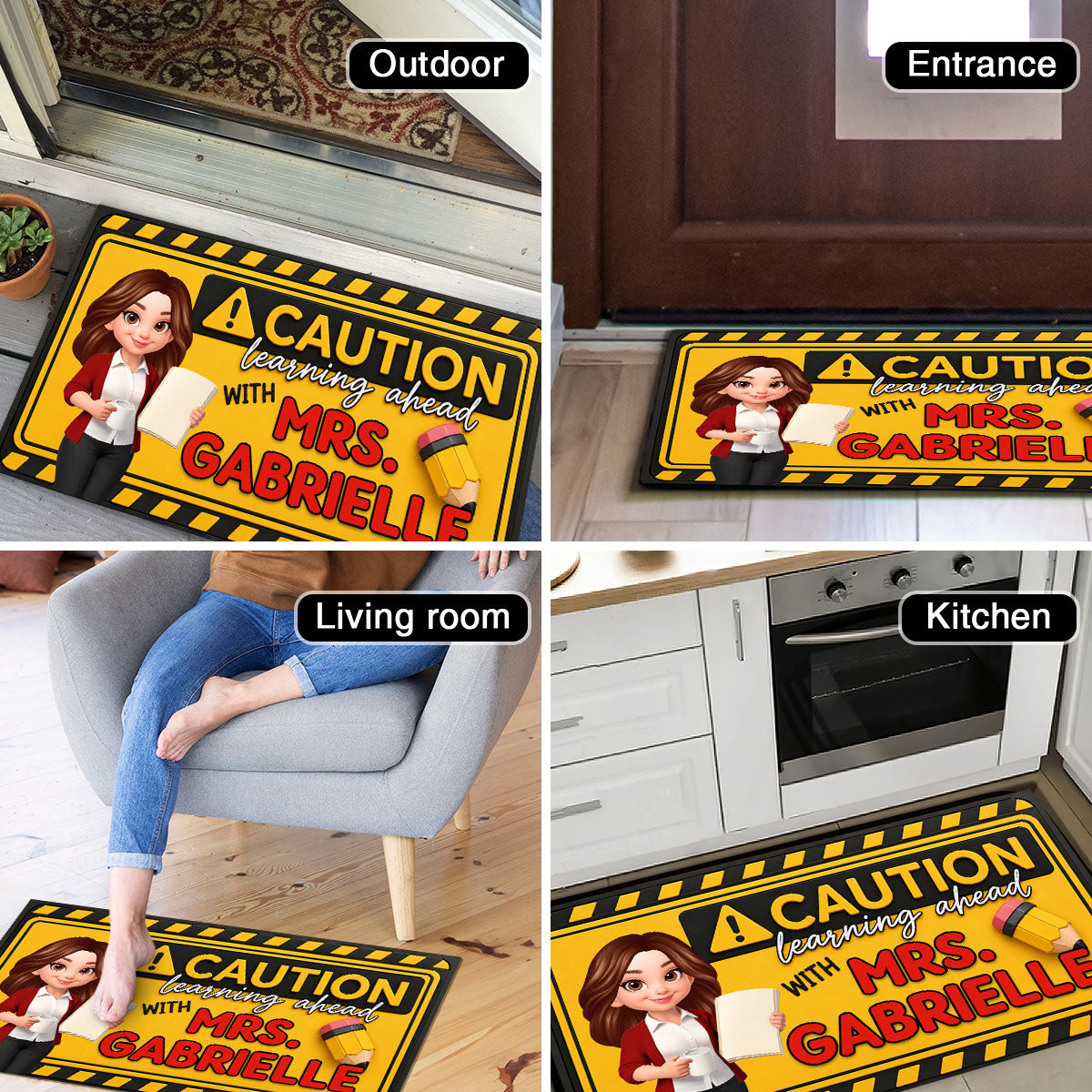 Caution Learning Ahead With Teacher - Personalized Doormat - Back To School Gift For Teachers, Classroom Decors